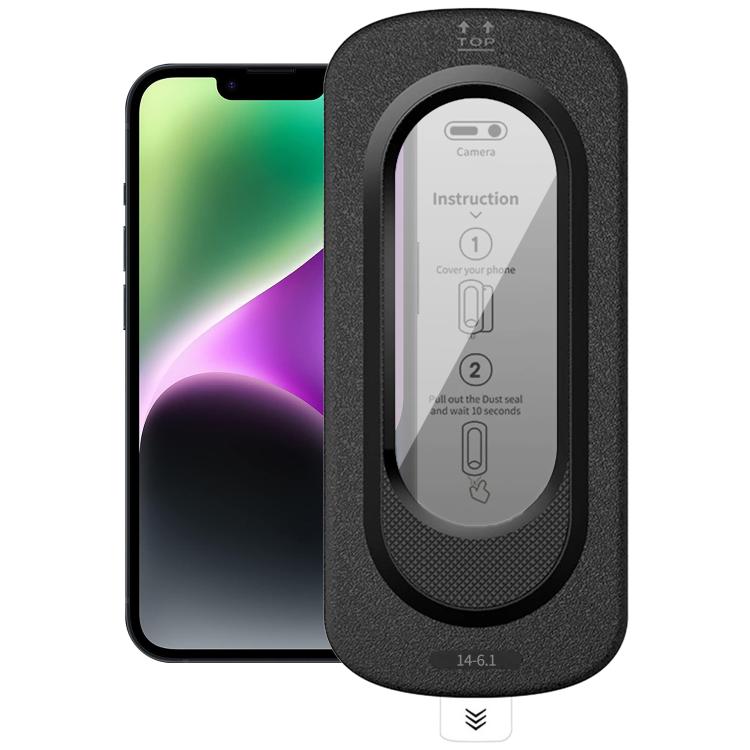 For iPhone 14 Smooth Anti-Fingerprint Easy Install Dust-Free Box Privacy Tempered Glass Film