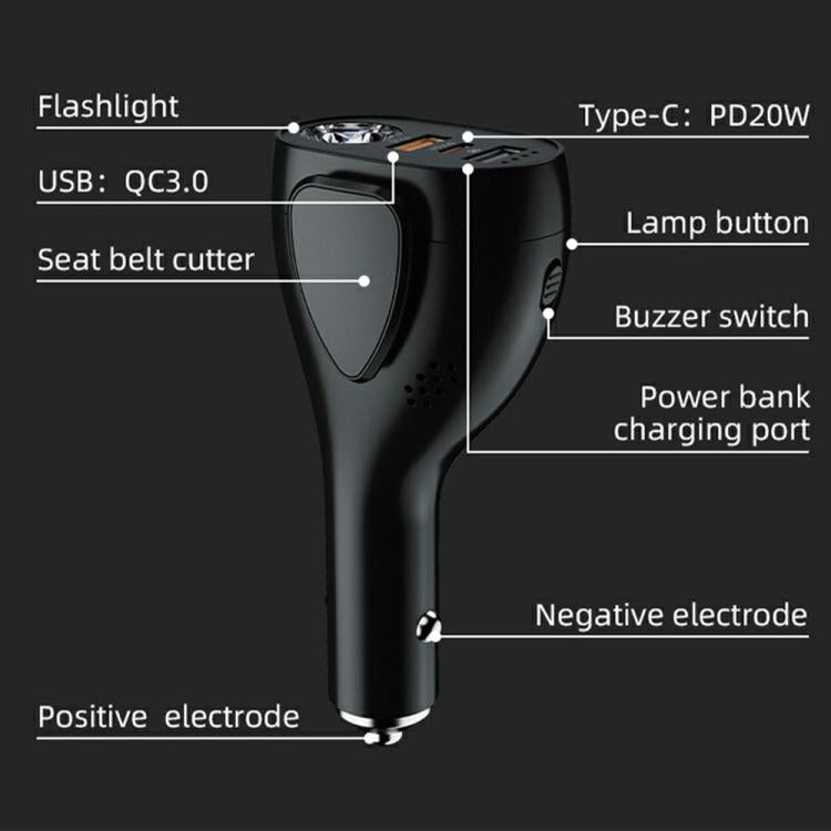 A13 Multifunctional QC3.0 Car Charger Safety Hammer Seatbelt Cutter with LED Flashlight