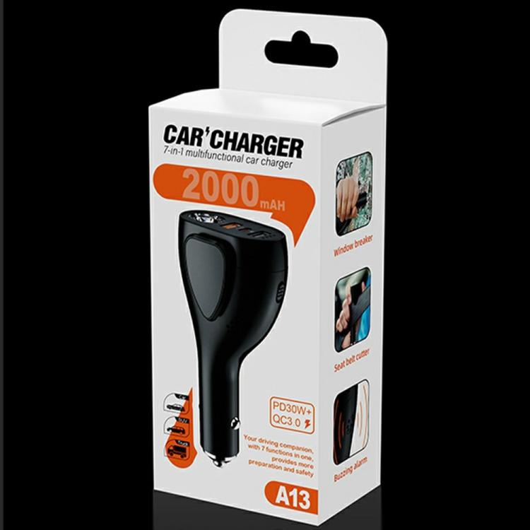 A13 Multifunctional QC3.0 Car Charger Safety Hammer Seatbelt Cutter with LED Flashlight