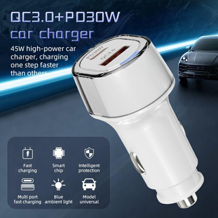 A6 USB and Type-C Dual Port Car Charger QC3.0 + PD 30W Fast Charger with Ambient Light