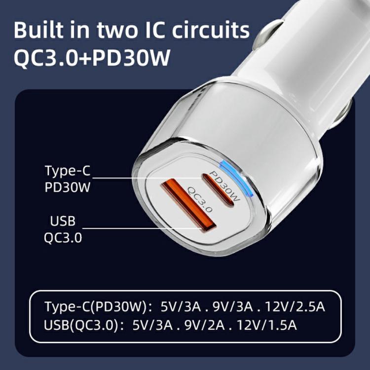 A6 USB and Type-C Dual Port Car Charger QC3.0 + PD 30W Fast Charger with Ambient Light