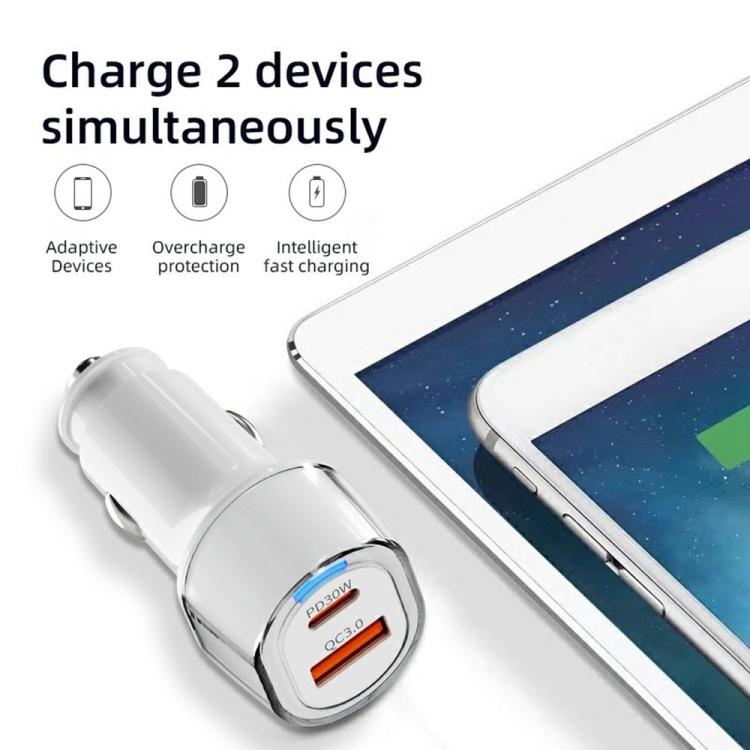 A6 USB and Type-C Dual Port Car Charger QC3.0 + PD 30W Fast Charger with Ambient Light