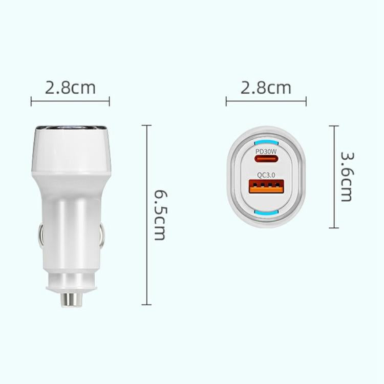 A6 USB and Type-C Dual Port Car Charger QC3.0 + PD 30W Fast Charger with Ambient Light