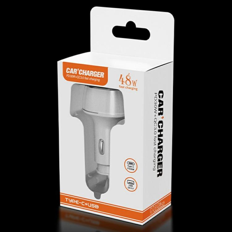 A6 USB and Type-C Dual Port Car Charger QC3.0 + PD 30W Fast Charger with Ambient Light