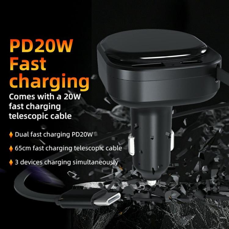 K8 PD 20W and QC 18W Fast Charger USB-A and USB-C Dual Port Car Charger with Retractable Type-C Cable