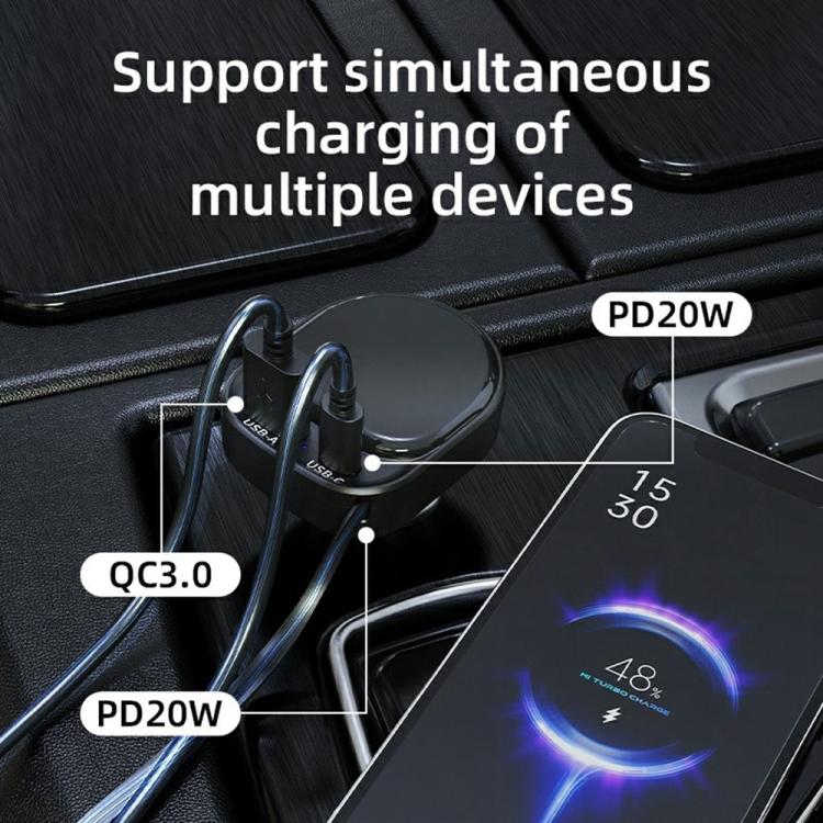 K8 PD 20W and QC 18W Fast Charger USB-A and USB-C Dual Port Car Charger with Retractable Type-C Cable
