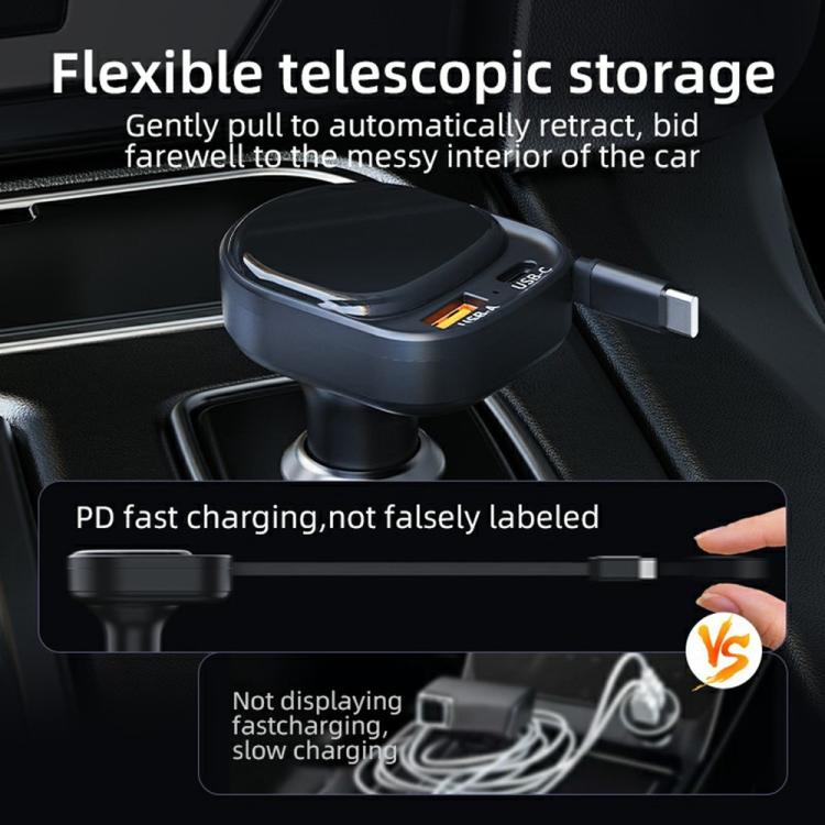 K8 PD 20W and QC 18W Fast Charger USB-A and USB-C Dual Port Car Charger with Retractable Type-C Cable