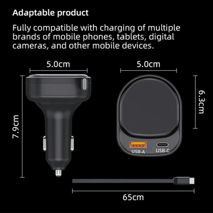 K8 PD 20W and QC 18W Fast Charger USB-A and USB-C Dual Port Car Charger with Retractable Type-C Cable