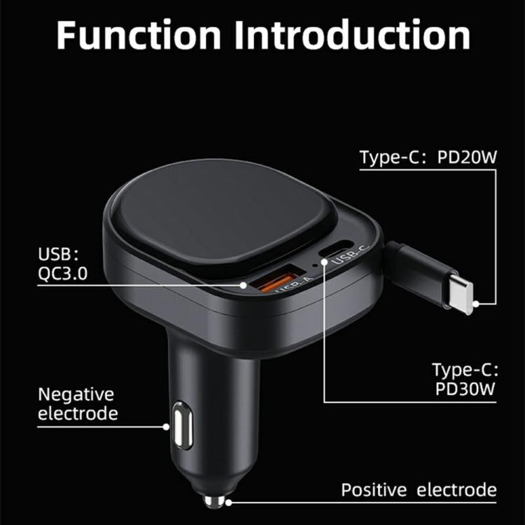 K8 PD 20W and QC 18W Fast Charger USB-A and USB-C Dual Port Car Charger with Retractable Type-C Cable