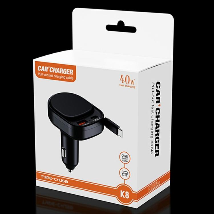 K8 PD 20W and QC 18W Fast Charger USB-A and USB-C Dual Port Car Charger with Retractable Type-C Cable