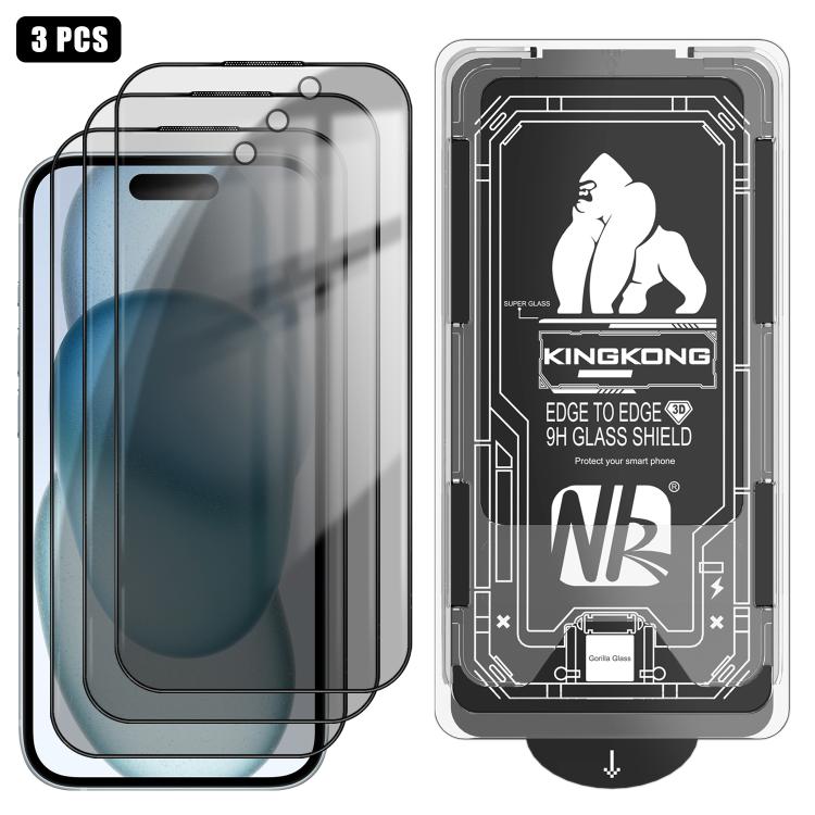 For iPhone 15 3pcs Easy Install Box Dust-Free 3D Curved Edge Privacy Electroplated Explosion-Proof Tempered Glass Film