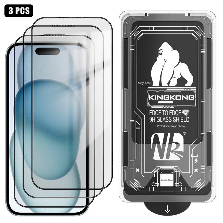 For iPhone 15 3pcs Easy Install Box Dust-Free 3D Curved Edge HD Electroplated Explosion-Proof Tempered Glass Film