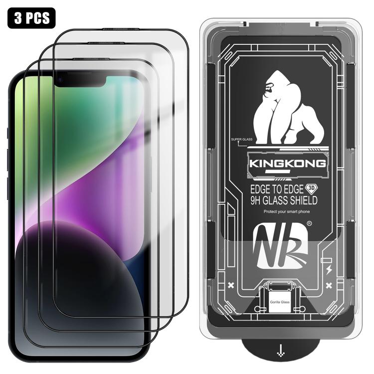 For iPhone 14 3pcs Easy Install Box Dust-Free 3D Curved Edge HD Electroplated Explosion-Proof Tempered Glass Film