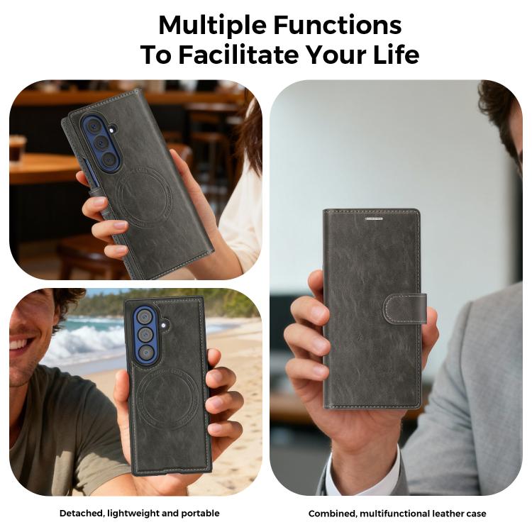 For Samsung Galaxy Z Fold7 5G Lingdun Detachable Magnetic Foldable Vegan Leather Phone Case