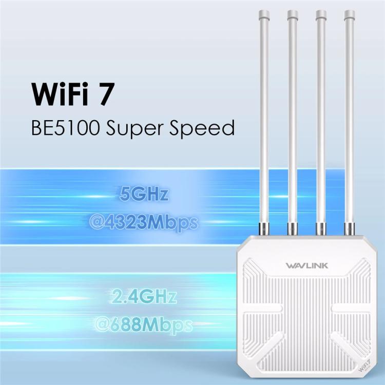 WAVLINK BE5100 WN573HBE2 With 8dBi High Gain Antenna IP67 Waterproof WiFi 7 Outdoor Router, Plug:UK Plug