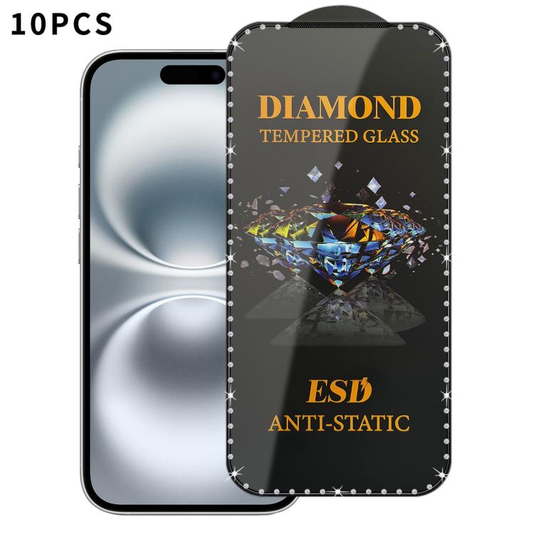 For iPhone 16 Plus 10pcs Full-Screen Diamond-Studded Silkscreen High-Definition Anti-Static Tempered Glass Film