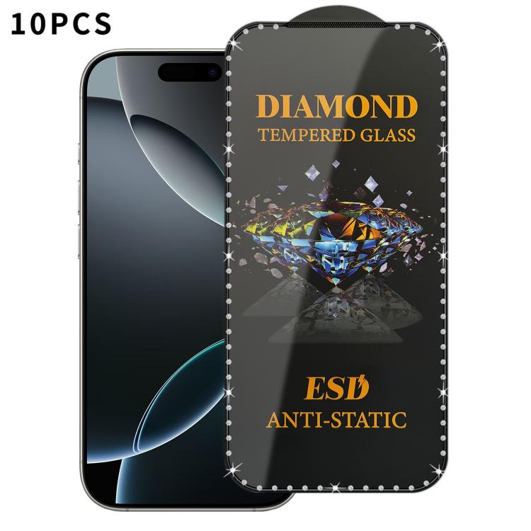 For iPhone 15 Pro 10pcs Full-Screen Diamond-Studded Silkscreen High-Definition Anti-Static Tempered Glass Film