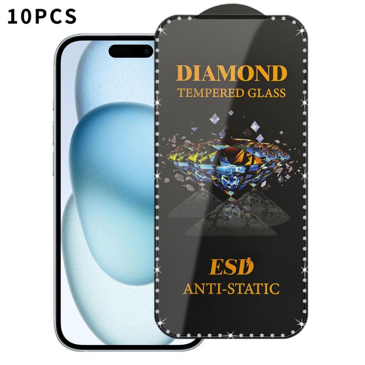For iPhone 15 Plus 10pcs Full-Screen Diamond-Studded Silkscreen High-Definition Anti-Static Tempered Glass Film