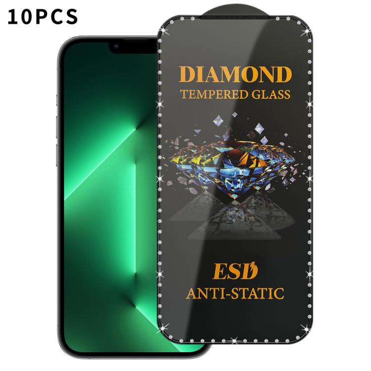 For iPhone 13 Pro 10pcs Full-Screen Diamond-Studded Silkscreen High-Definition Anti-Static Tempered Glass Film