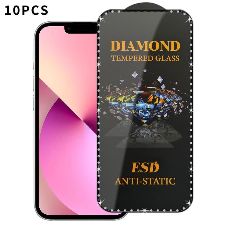 For iPhone 13 10pcs Full-Screen Diamond-Studded Silkscreen High-Definition Anti-Static Tempered Glass Film