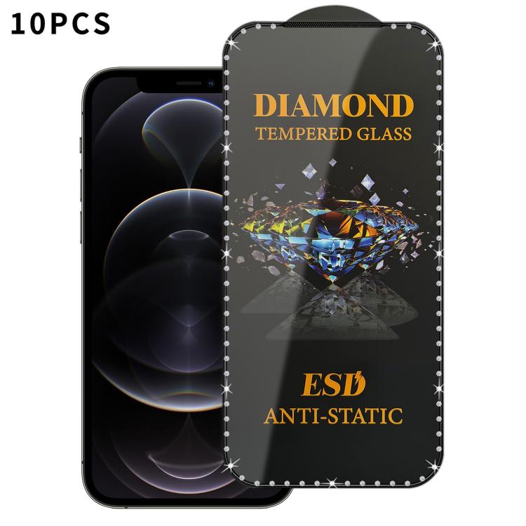 For iPhone 12 Pro 10pcs Full-Screen Diamond-Studded Silkscreen High-Definition Anti-Static Tempered Glass Film