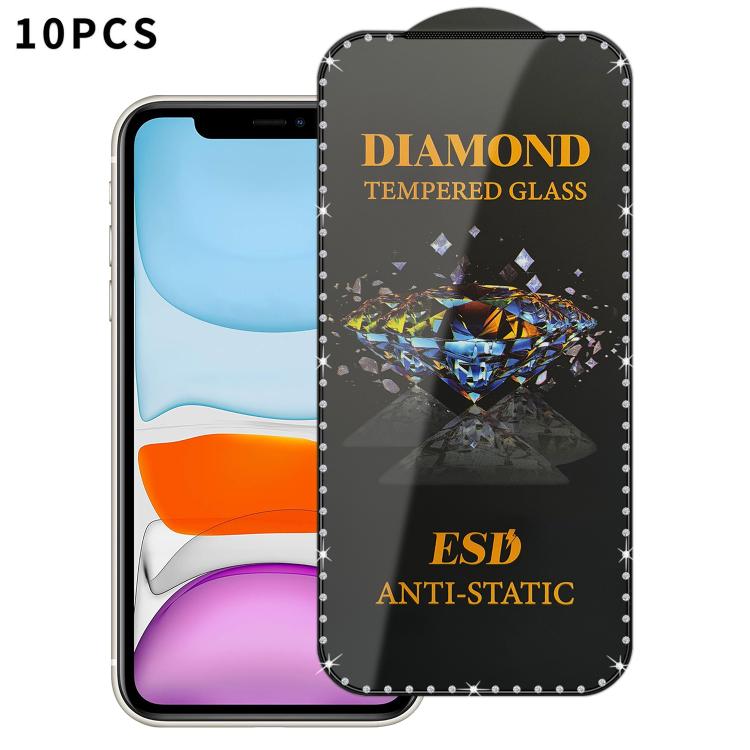 For iPhone 11 10pcs Full-Screen Diamond-Studded Silkscreen High-Definition Anti-Static Tempered Glass Film