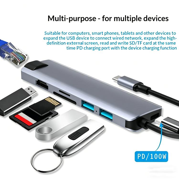 HC-75LC 4K HD PD100W Charging Gigabit Ethernet 7 in 1 USB-C Hub with USB 3.0 SD / TF Card Reader