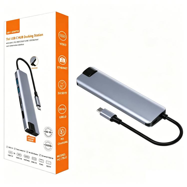 HC-75LC 4K HD PD100W Charging Gigabit Ethernet 7 in 1 USB-C Hub with USB 3.0 SD / TF Card Reader
