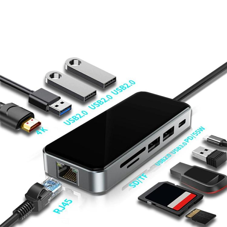 HC-76 4K HD RJ45 Ethernet SD TF Card Reader Multi Port Adapter 10 in 1 USB-C Hub Docking Station