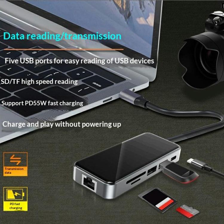 HC-76 4K HD RJ45 Ethernet SD TF Card Reader Multi Port Adapter 10 in 1 USB-C Hub Docking Station