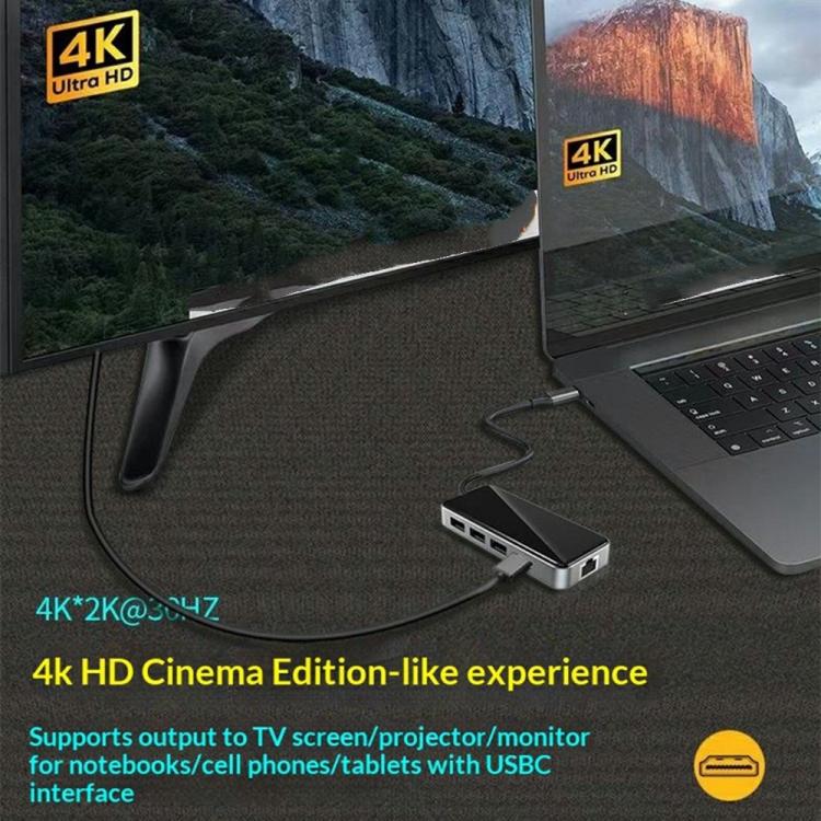 HC-76 4K HD RJ45 Ethernet SD TF Card Reader Multi Port Adapter 10 in 1 USB-C Hub Docking Station