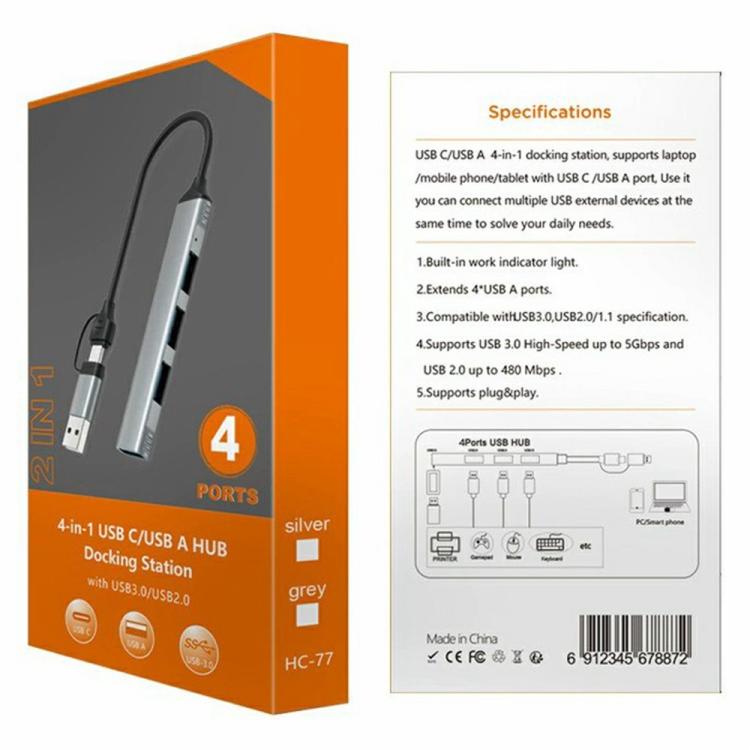 HC-77 Aluminum Alloy Portable USB-C / USB-A Plug HUB USB3.0 & 3 x USB 2.0 Docking Station