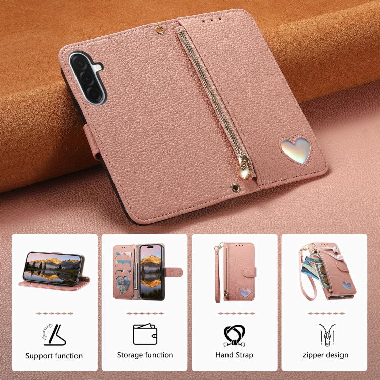 For Samsung Galaxy A56 5G Fantasy Love Heart Zipper Wallet Vegan Leather Phone Case with Strap