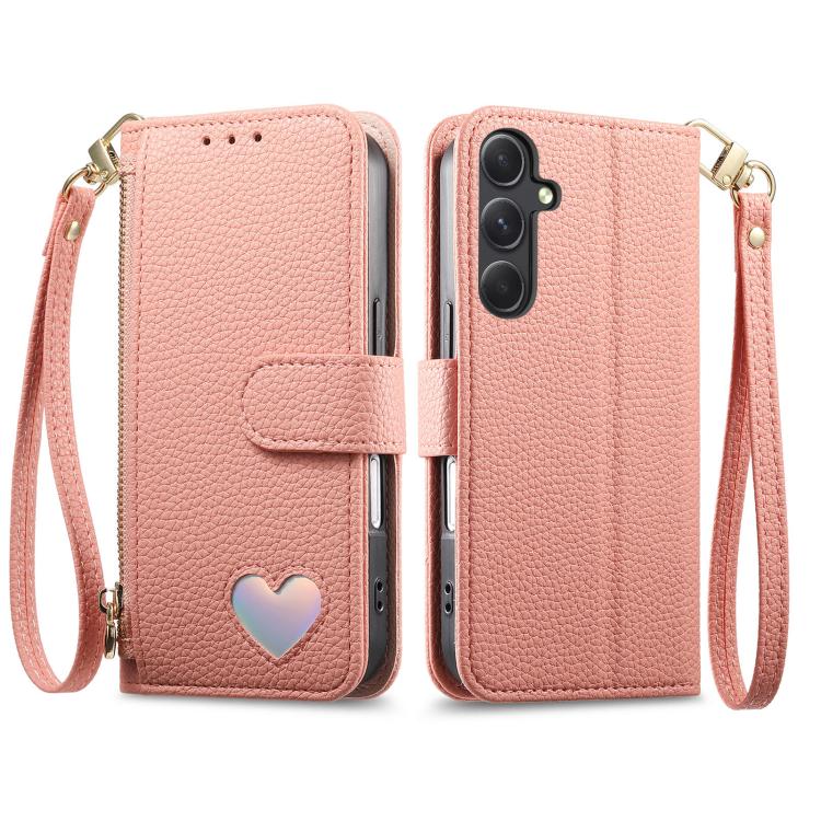 For Samsung Galaxy S24 FE 5G Fantasy Love Heart Zipper Wallet Vegan Leather Phone Case with Strap