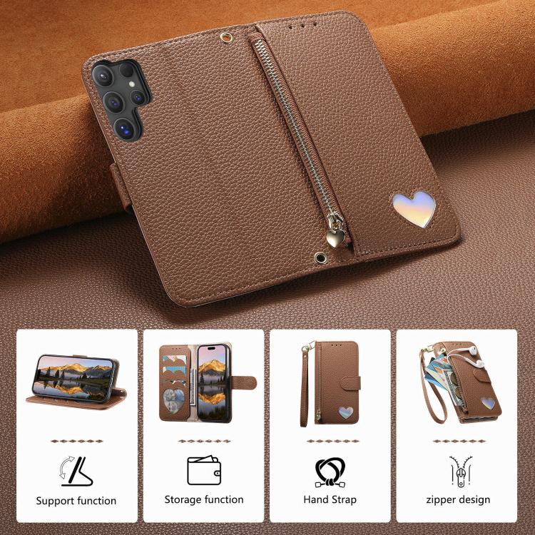 For Samsung Galaxy S24 Ultra 5G Fantasy Love Heart Zipper Wallet Vegan Leather Phone Case with Strap