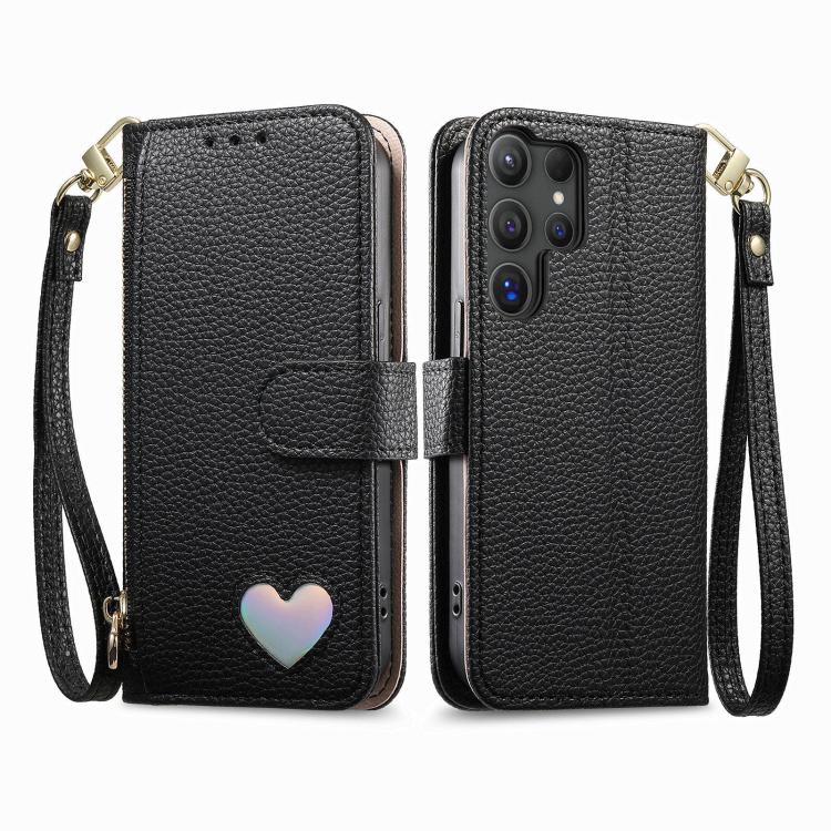 For Samsung Galaxy S24 Ultra 5G Fantasy Love Heart Zipper Wallet Vegan Leather Phone Case with Strap