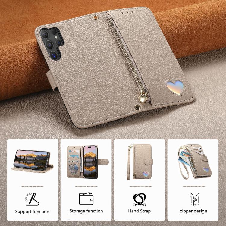 For Samsung Galaxy S24 Ultra 5G Fantasy Love Heart Zipper Wallet Vegan Leather Phone Case with Strap