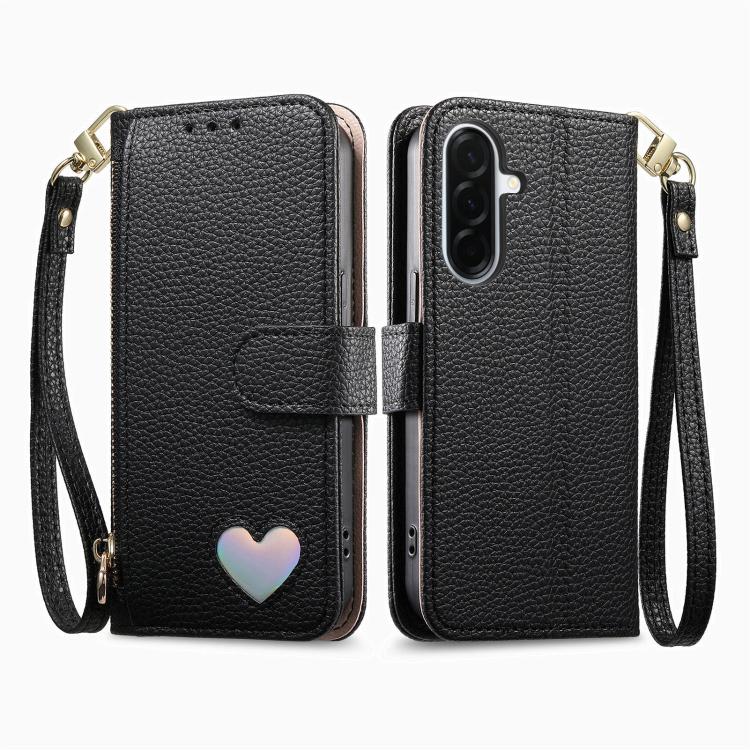 For Samsung Galaxy A15 Fantasy Love Heart Zipper Wallet Vegan Leather Phone Case with Strap