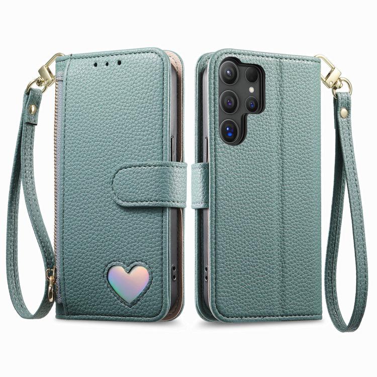 For Samsung Galaxy S23 Ultra 5G Fantasy Love Heart Zipper Wallet Vegan Leather Phone Case with Strap