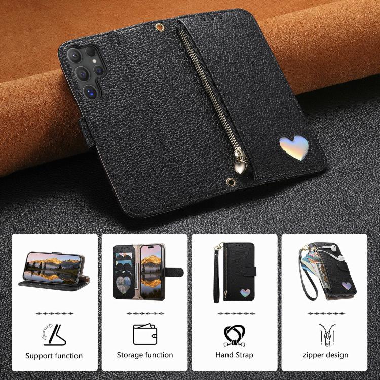 For Samsung Galaxy S23 Ultra 5G Fantasy Love Heart Zipper Wallet Vegan Leather Phone Case with Strap