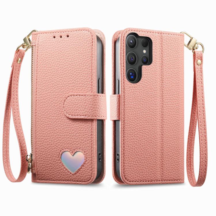For Samsung Galaxy S23 Ultra 5G Fantasy Love Heart Zipper Wallet Vegan Leather Phone Case with Strap