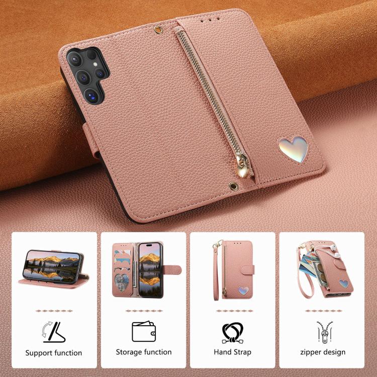 For Samsung Galaxy S23 Ultra 5G Fantasy Love Heart Zipper Wallet Vegan Leather Phone Case with Strap