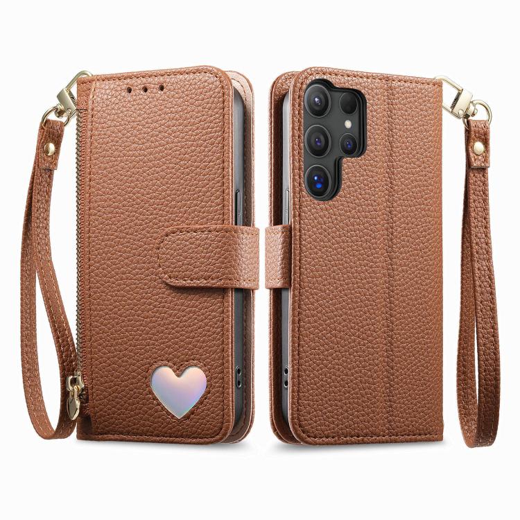 For Samsung Galaxy S22 Ultra 5G Fantasy Love Heart Zipper Wallet Vegan Leather Phone Case with Strap