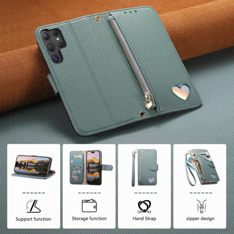 For Samsung Galaxy S22 Ultra 5G Fantasy Love Heart Zipper Wallet Vegan Leather Phone Case with Strap