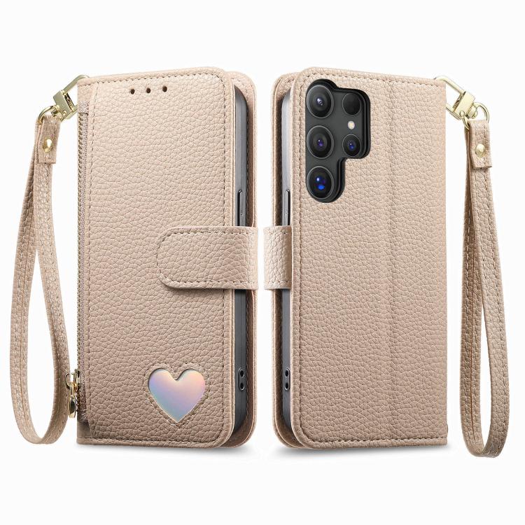 For Samsung Galaxy S22 Ultra 5G Fantasy Love Heart Zipper Wallet Vegan Leather Phone Case with Strap