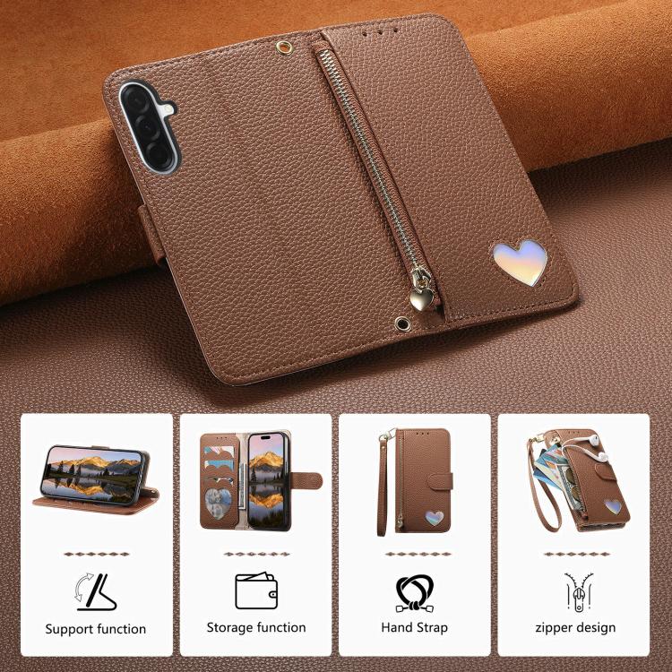 For Samsung Galaxy A16 Fantasy Love Heart Zipper Wallet Vegan Leather Phone Case with Strap