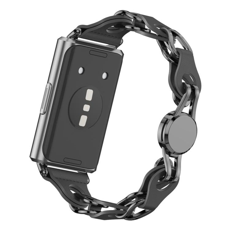 For Huawei Band 11 / Band 11 Pro Stylish Hollow Vegan Leather Chain Metal Watch Band