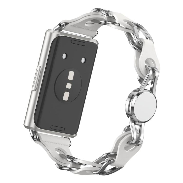 For Huawei Band 11 / Band 11 Pro Stylish Hollow Vegan Leather Chain Metal Watch Band