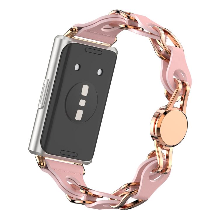 For Huawei Band 11 / Band 11 Pro Stylish Hollow Vegan Leather Chain Metal Watch Band