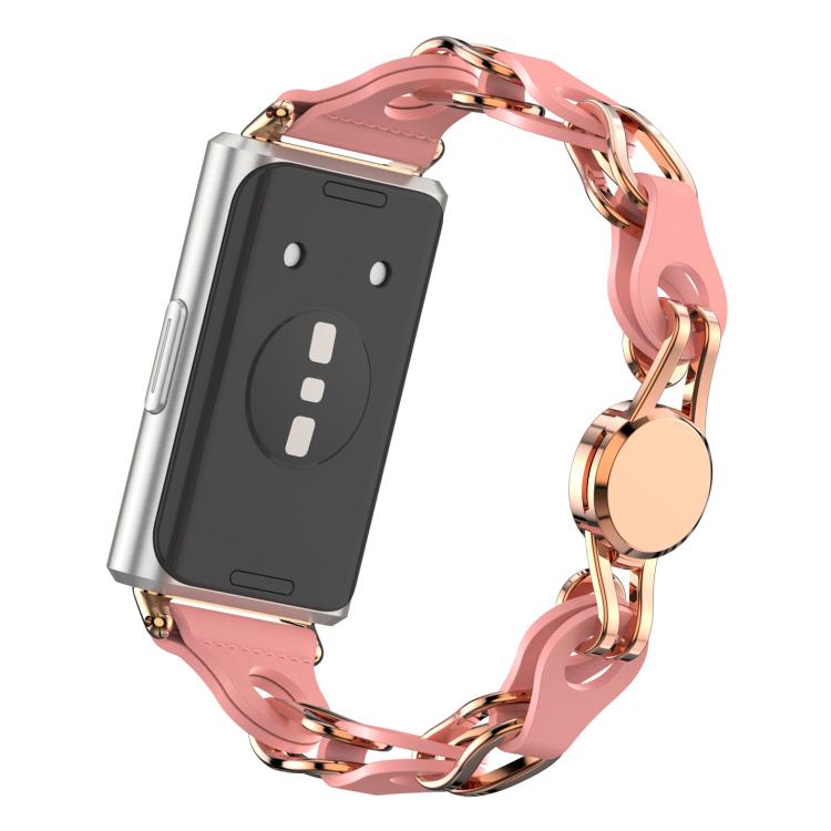 For Huawei Band 11 / Band 11 Pro Stylish Hollow Vegan Leather Chain Metal Watch Band